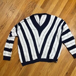 Striped V-Neck Sweater in Navy and White